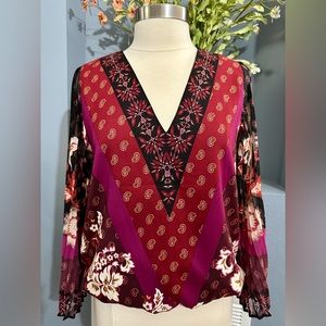 WHBM Dressy Blouse Draped Pleated Sleeves Black Paisley Floral Size Medium NWOT